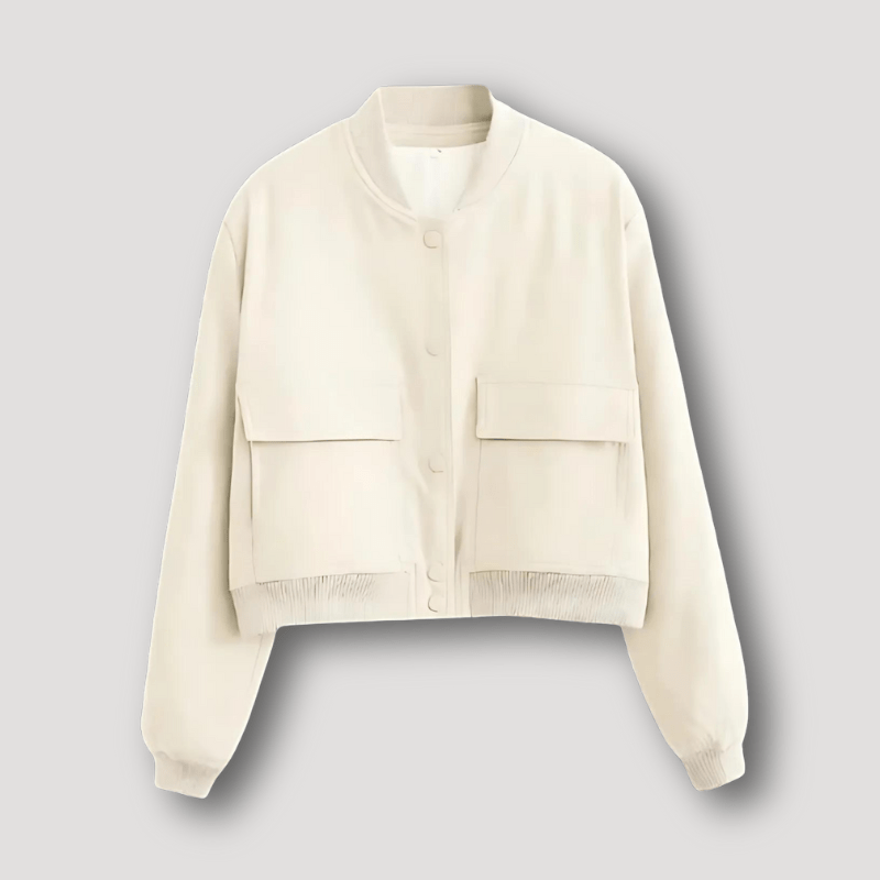 Cropped bomberjack voor dames met boordkraag en twee grote klepzakken - crème