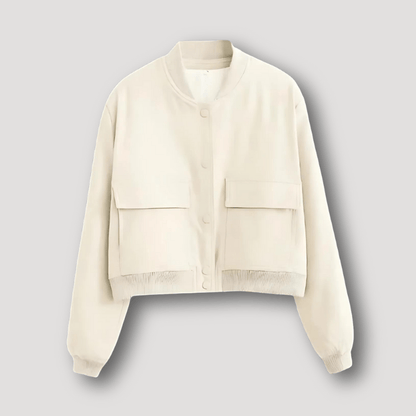 Cropped bomberjack voor dames met boordkraag en twee grote klepzakken - crème