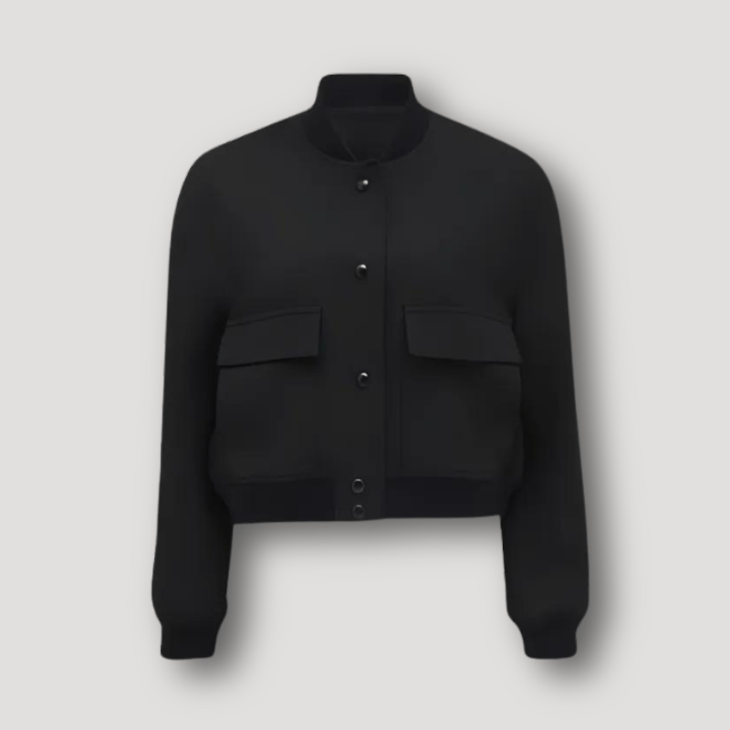Cropped bomberjack voor dames met boordkraag en twee grote klepzakken - zwart