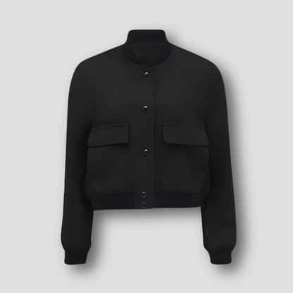 Cropped bomberjack voor dames met boordkraag en twee grote klepzakken - zwart
