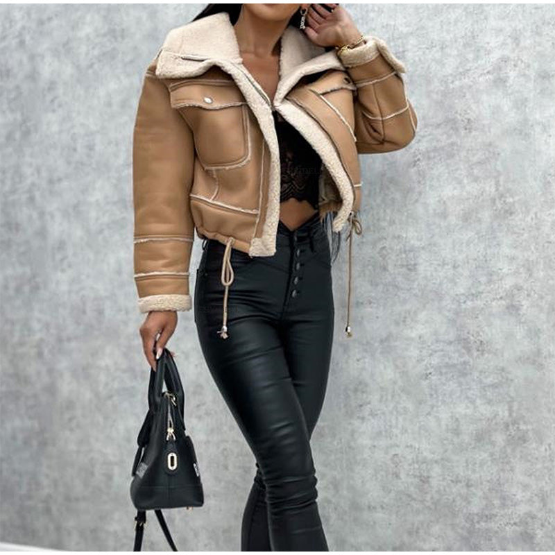 Cropped damesjack in leerlook met teddykraag - camel