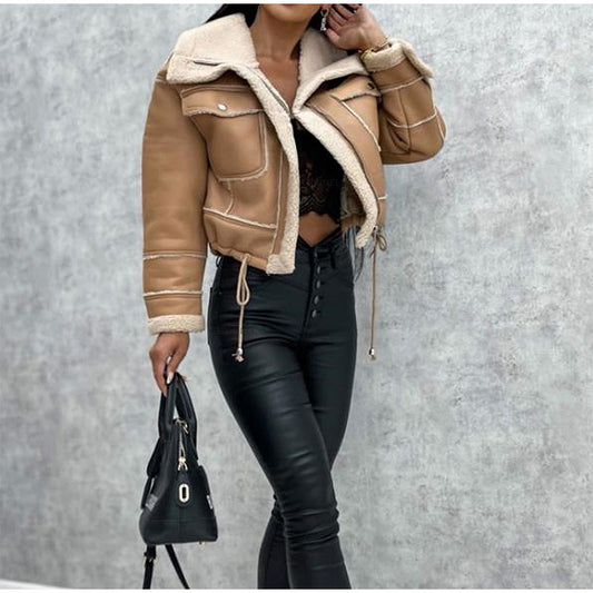 Cropped damesjack in leerlook met teddykraag - camel