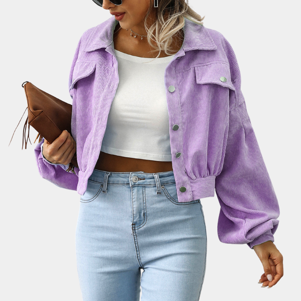 Cropped ribfluwelen damesjack met ballonmouwen en borstzakken met klep - lila
