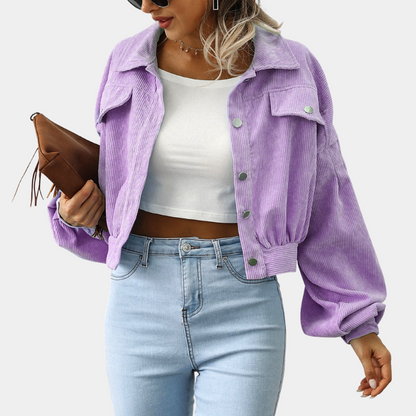 Cropped ribfluwelen damesjack met ballonmouwen en borstzakken met klep - lila