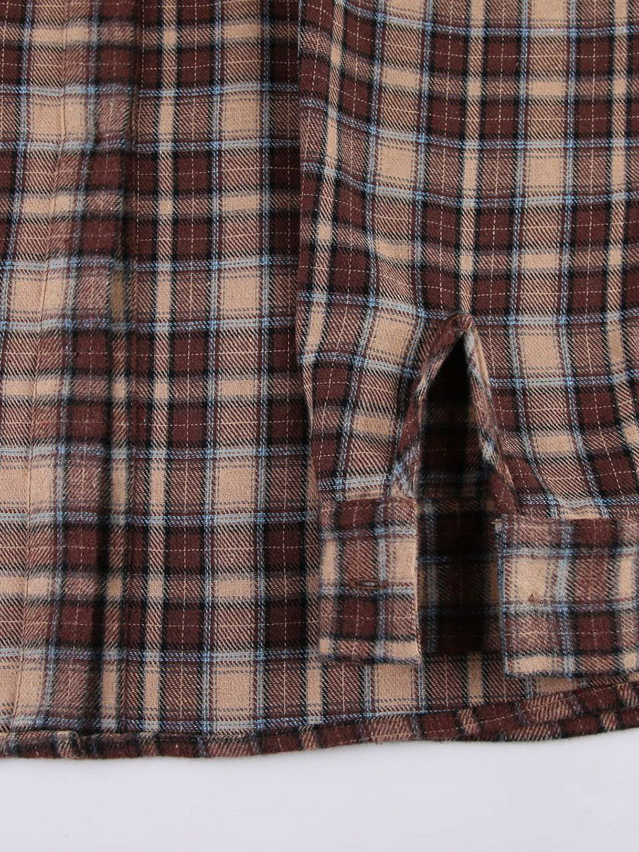 Oversized bruin geruit overshirt met contrastkraag en borstzakken