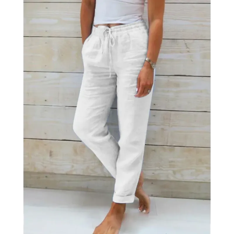 Witte linnen broek dames met elastische taille en koord, vooraanzicht