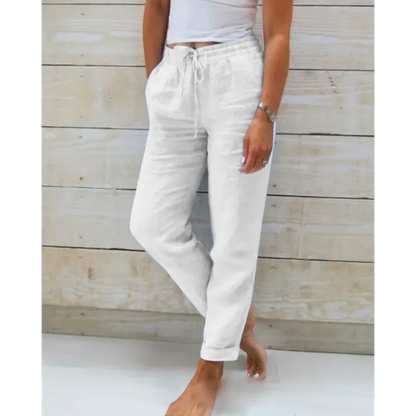 Witte linnen broek dames met elastische taille en koord, vooraanzicht