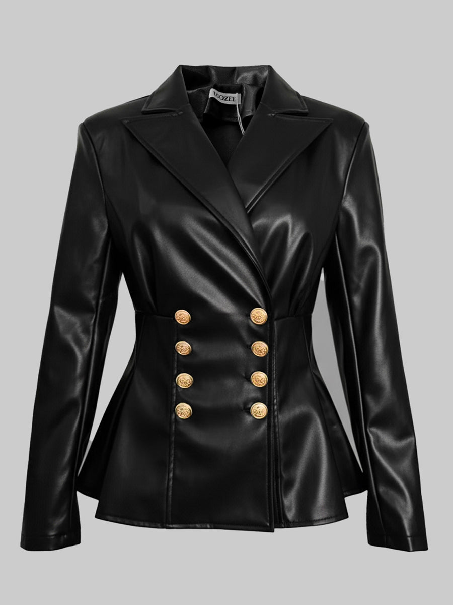 Getailleerde zwarte imitatieleren damesblazer met puntrevers en gouden knopen - zwart