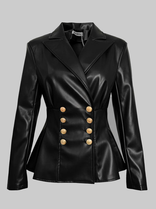 Getailleerde zwarte imitatieleren damesblazer met puntrevers en gouden knopen - zwart