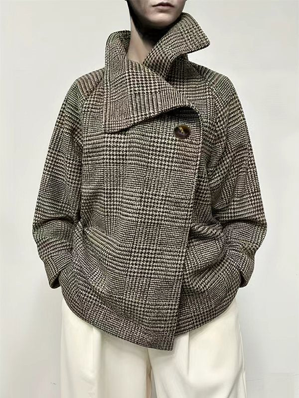 Pied-de-poule jack dames met asymmetrische sluiting - bruine ruit