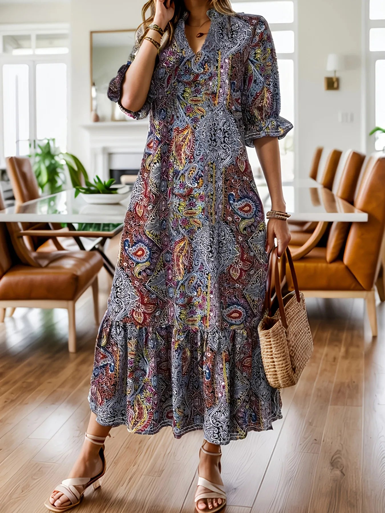 Midi-jurk dames met paisleyprint in Rood