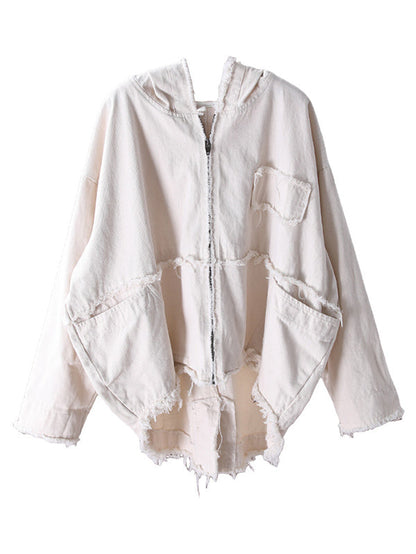 Oversized jack dames van gewassen katoen met capuchon en rafelnaden - beige