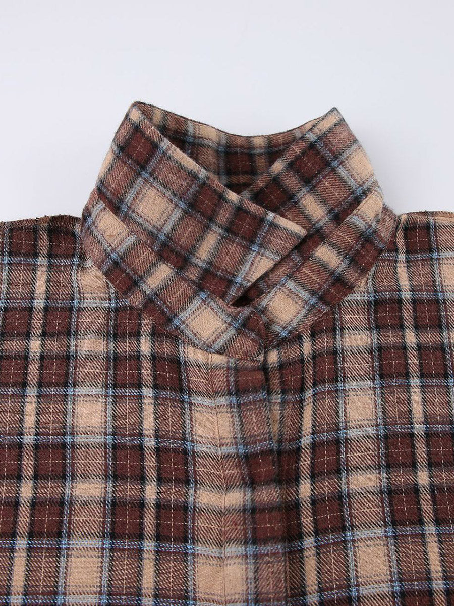 Oversized bruin geruit overshirt met contrastkraag en borstzakken