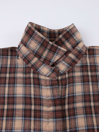 Oversized bruin geruit overshirt met contrastkraag en borstzakken