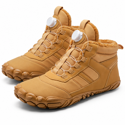 Unisex barefoot snowboots met draaisluiting en brede neus - camel