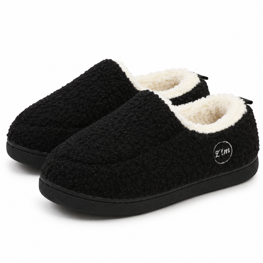 Unisex teddy sloffen in loafervorm met fleecekraag en hiellusje - zwart