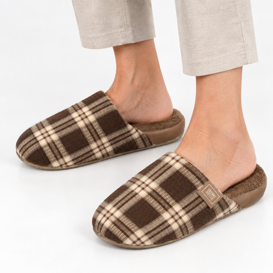 Geruite unisex pantoffels met fleecevoering en open hiel