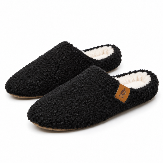 Unisex teddy slippers met pluchevoering en open hiel - zwart