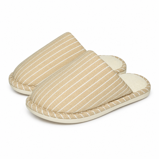 Gestreepte unisex slippers met zachte voering en een bies rond de zool - zand