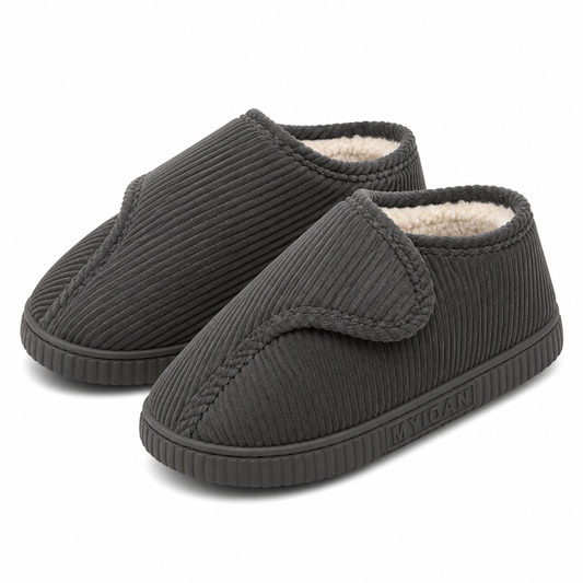 Unisex huisschoenen van ribfluweel met verstelbare band en fleecevoering - grijs