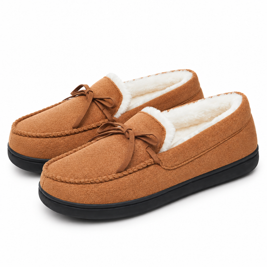 Mocassin damespantoffels met strikje op de wreef en fleecevoering - camel