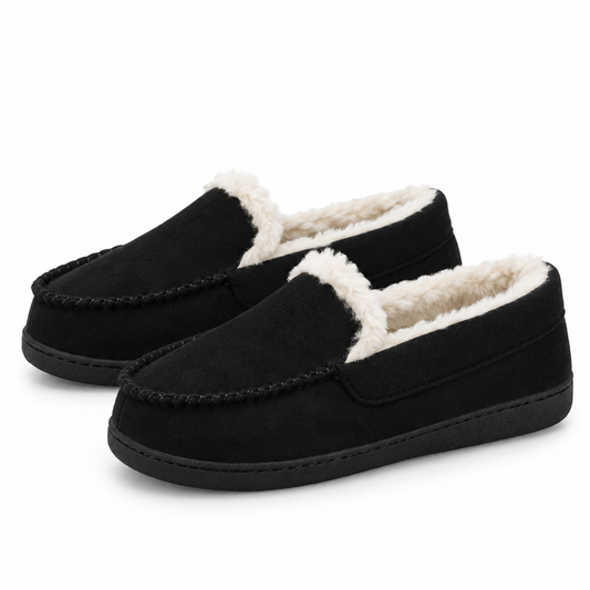 Gevoerde dames mocassins in suède look met fleecevoering en rubberzool - zwart