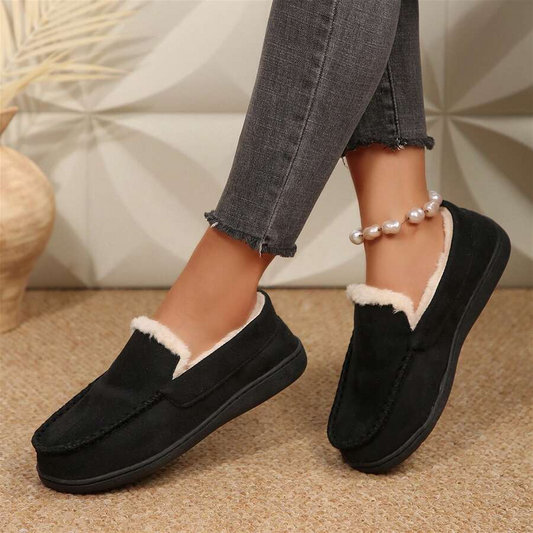 Gevoerde dames mocassins in suède look met fleecevoering en rubberzool