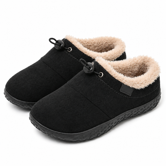 Gevoerde dames instapschoenen met elastische veter, stopper en rubberzool - zwart