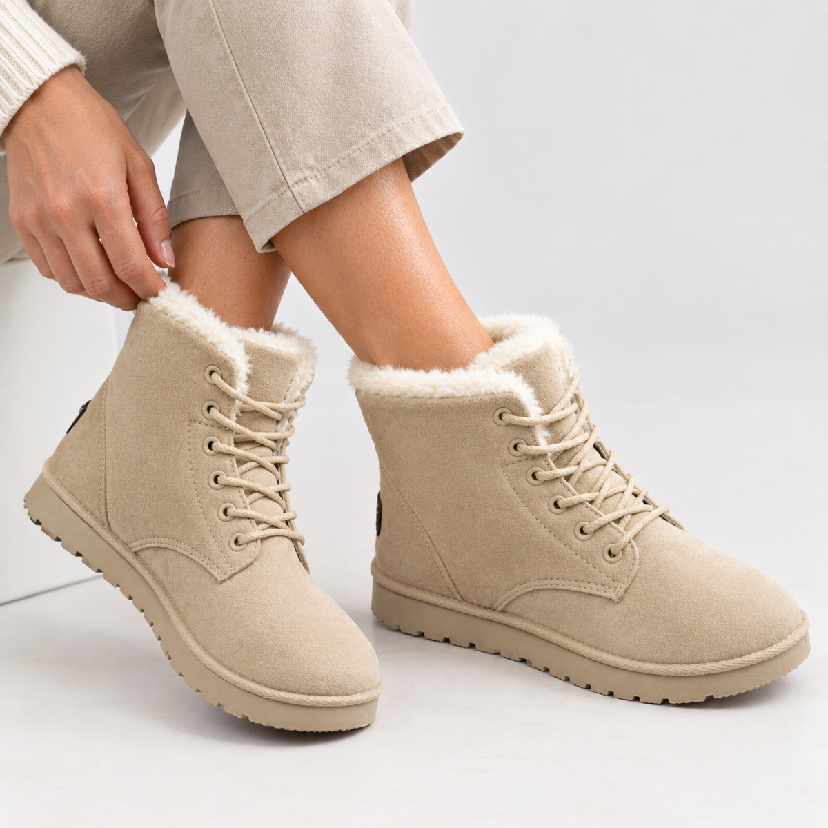 Winterlaarzen in suède look met bontkraag en veters