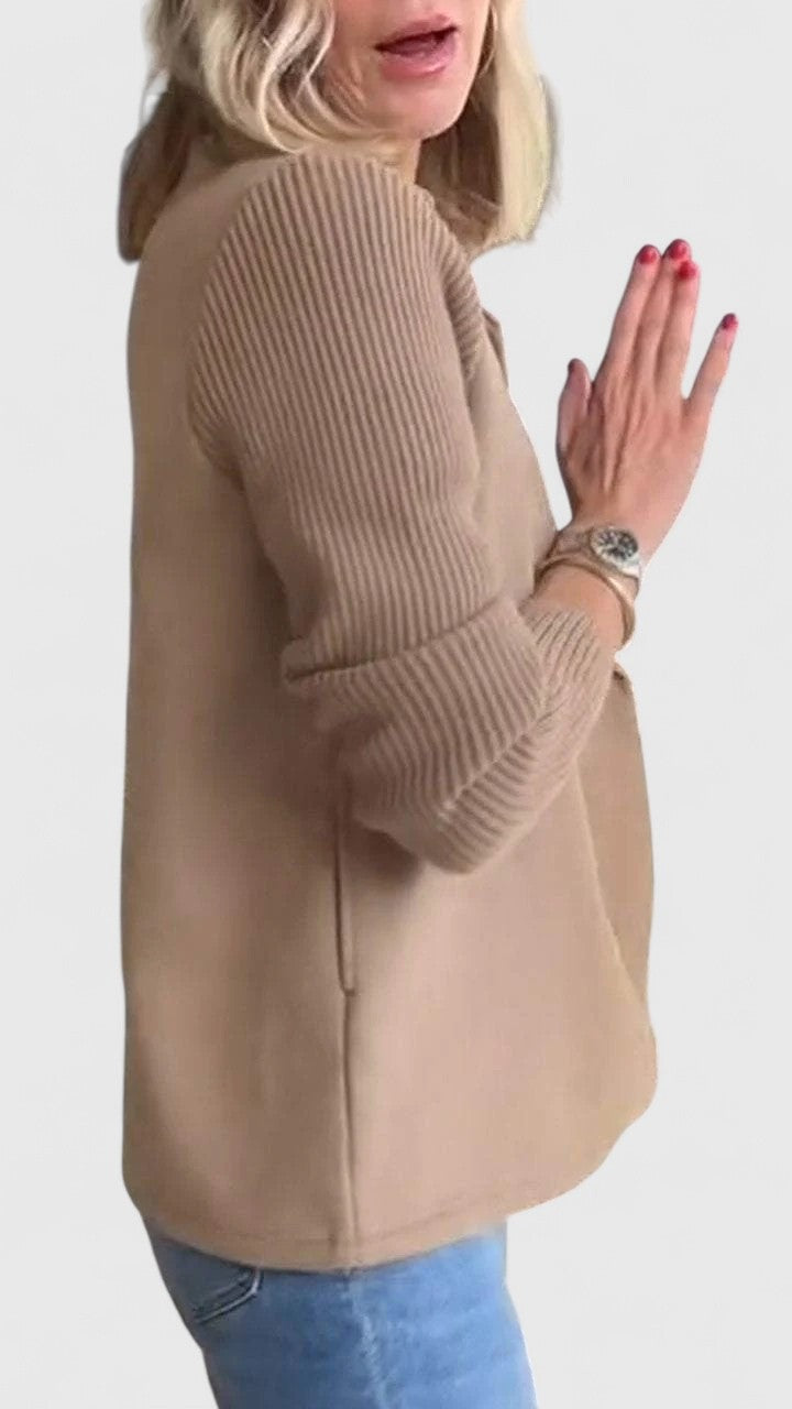 Damesblazer met dubbele knooprij en gebreide mouwen - camel