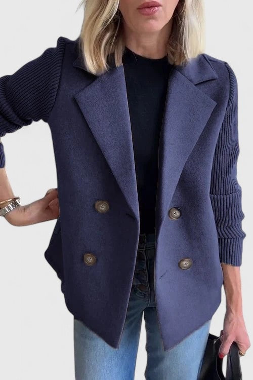 Damesblazer met dubbele knooprij en gebreide mouwen - donkerblauw