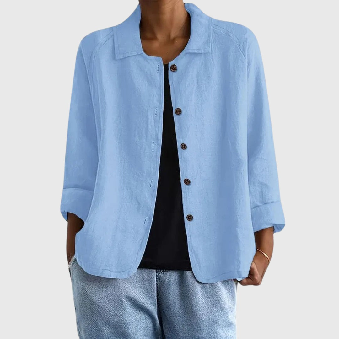 Losvallende damesblouse in linnenlook met kraag en knopen - lichtblauw
