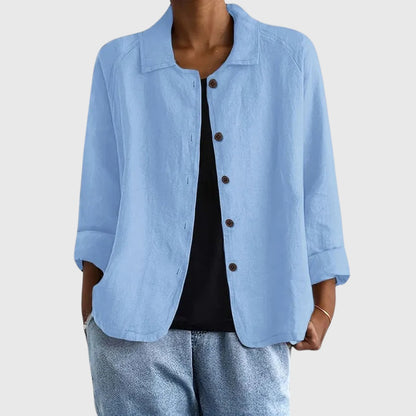 Losvallende damesblouse in linnenlook met kraag en knopen - lichtblauw