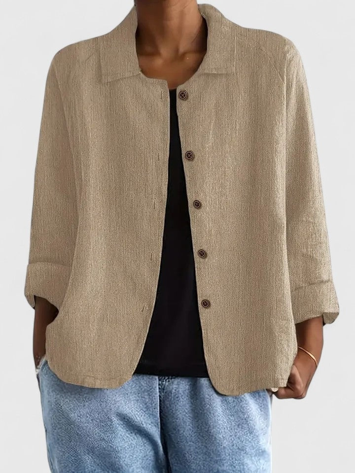 Losvallende damesblouse in linnenlook met kraag en knopen - khaki