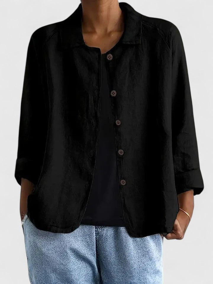 Losvallende damesblouse in linnenlook met kraag en knopen - zwart