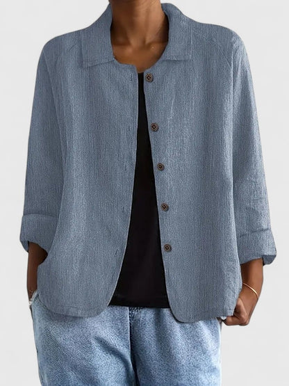 Losvallende damesblouse in linnenlook met kraag en knopen - grijsblauw