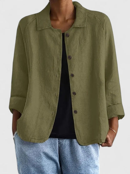 Losvallende damesblouse in linnenlook met kraag en knopen - olijfgroen
