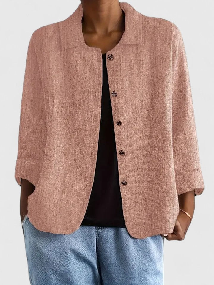 Losvallende damesblouse in linnenlook met kraag en knopen - zalmroze