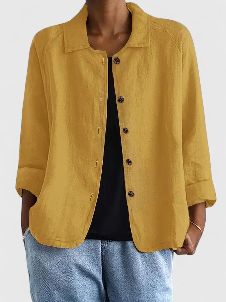 Losvallende damesblouse in linnenlook met kraag en knopen - okergeel
