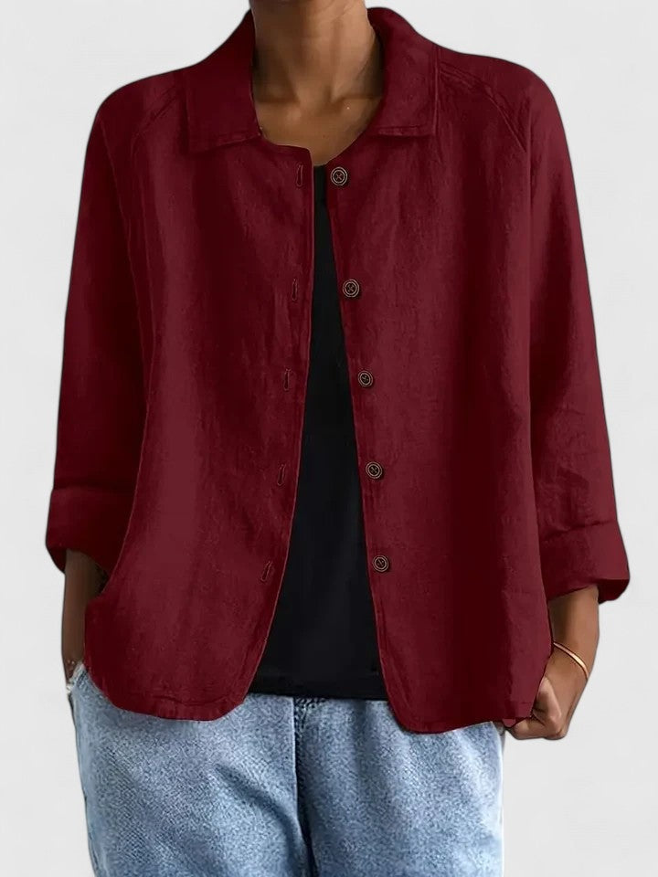 Losvallende damesblouse in linnenlook met kraag en knopen - wijnrood
