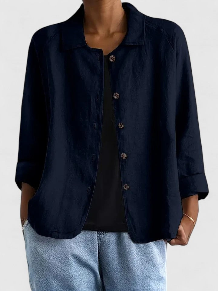 Losvallende damesblouse in linnenlook met kraag en knopen - marineblauw