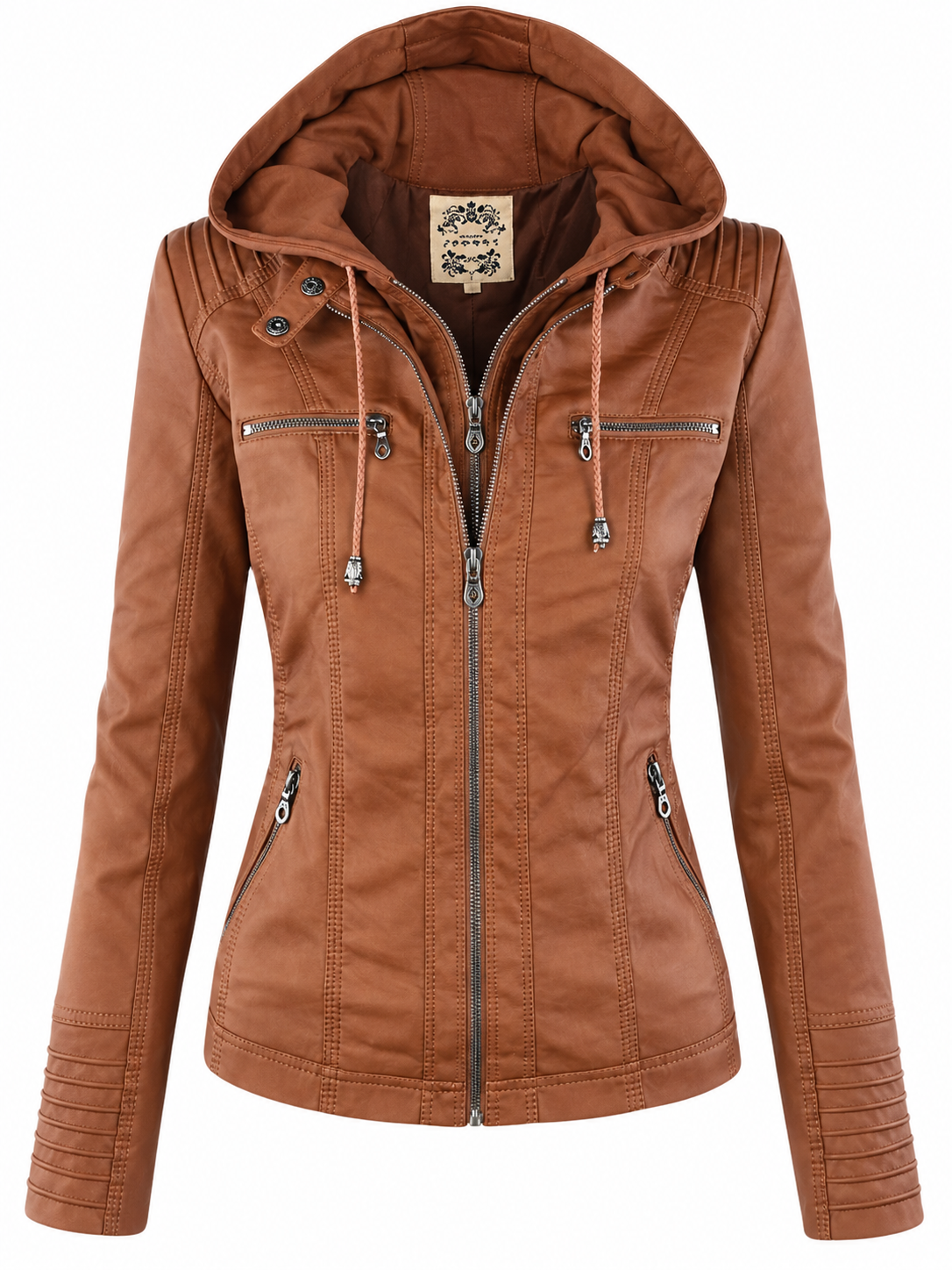 Damesjack in leerlook met afneembare capuchon - cognac
