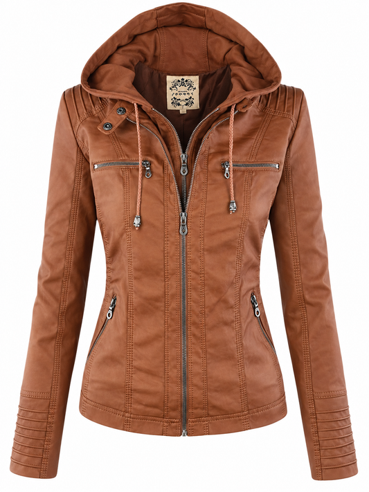 Damesjack in leerlook met afneembare capuchon - cognac