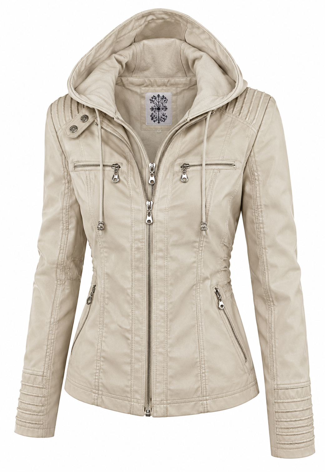 Damesjack in leerlook met afneembare capuchon - lichtbeige