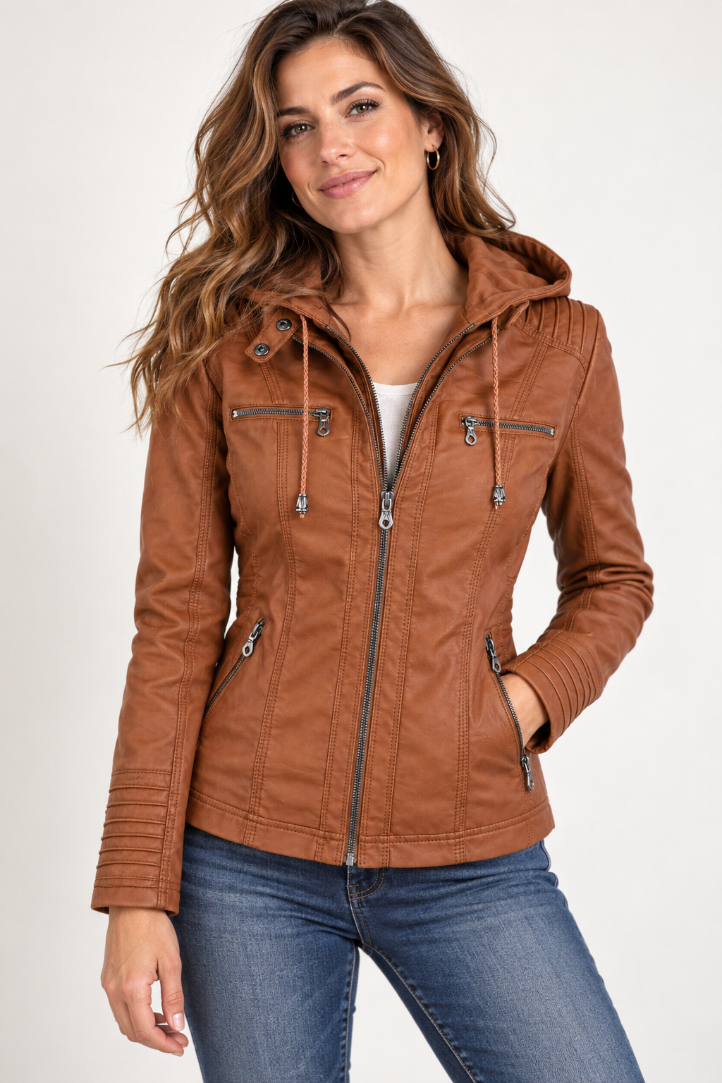 Damesjack in leerlook met afneembare capuchon