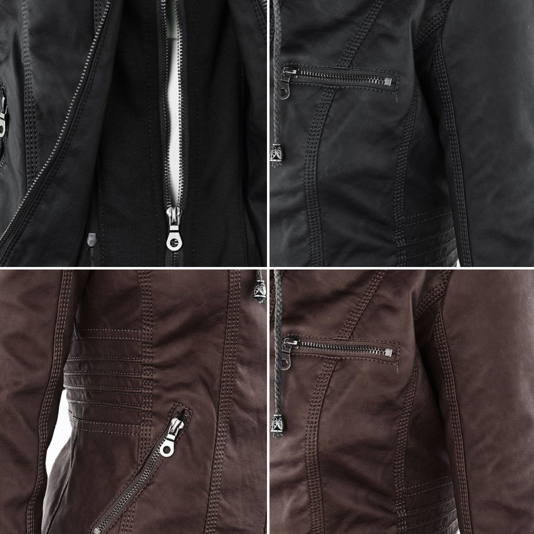 Damesjack in leerlook met afneembare capuchon
