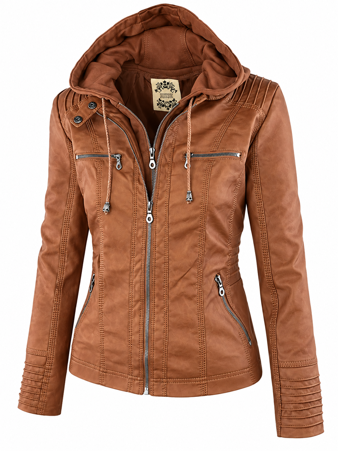 Damesjack in leerlook met afneembare capuchon