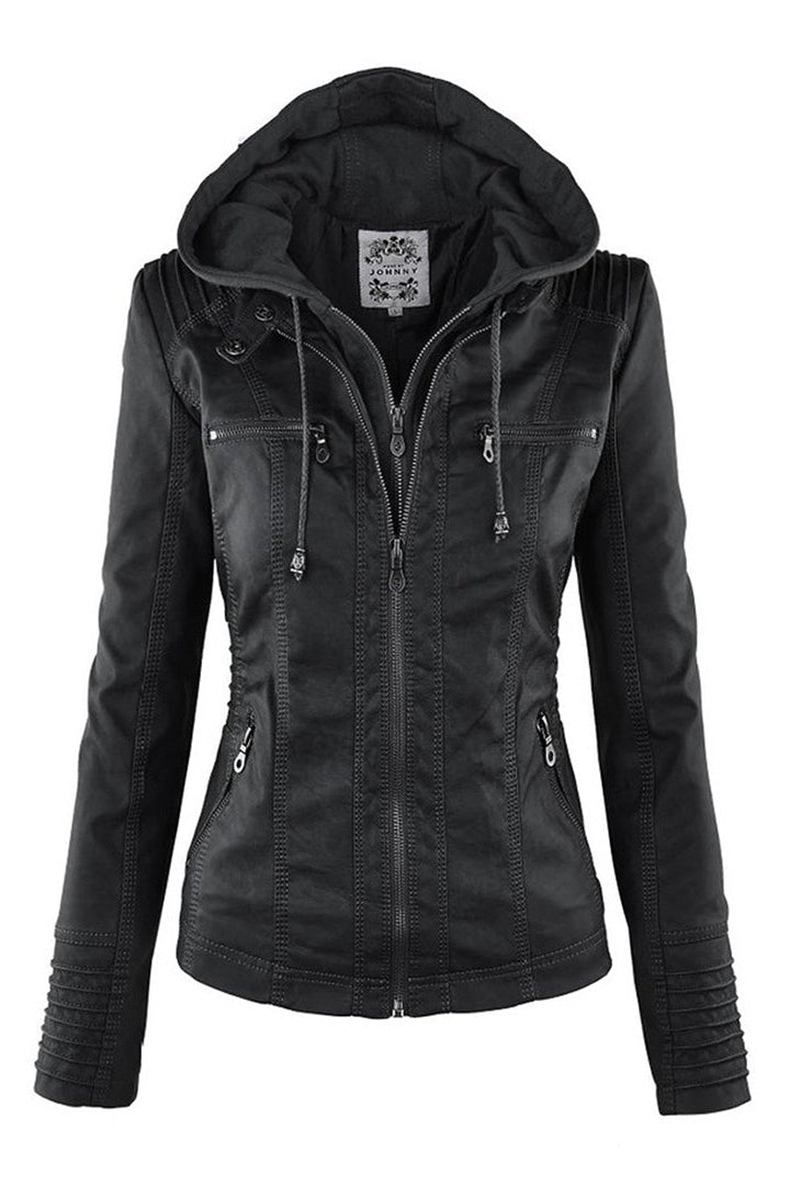 Damesjack in leerlook met afneembare capuchon - zwart
