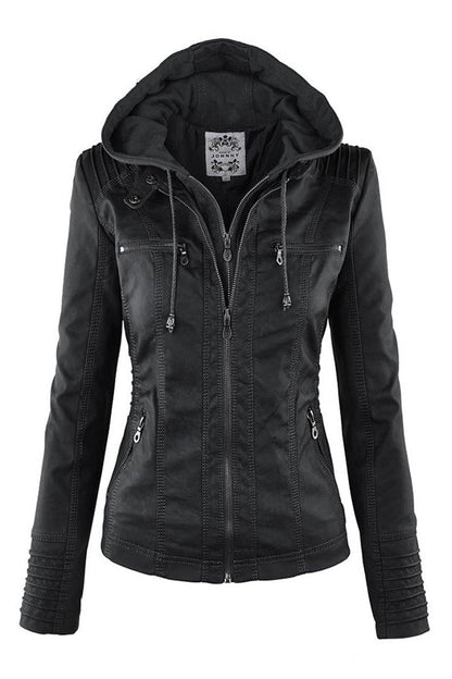 Damesjack in leerlook met afneembare capuchon - zwart