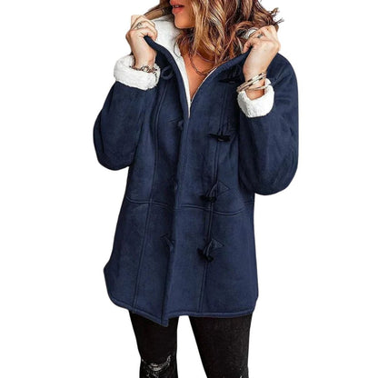 Damesjas in suède look met teddy capuchon en knevelsluiting - marineblauw